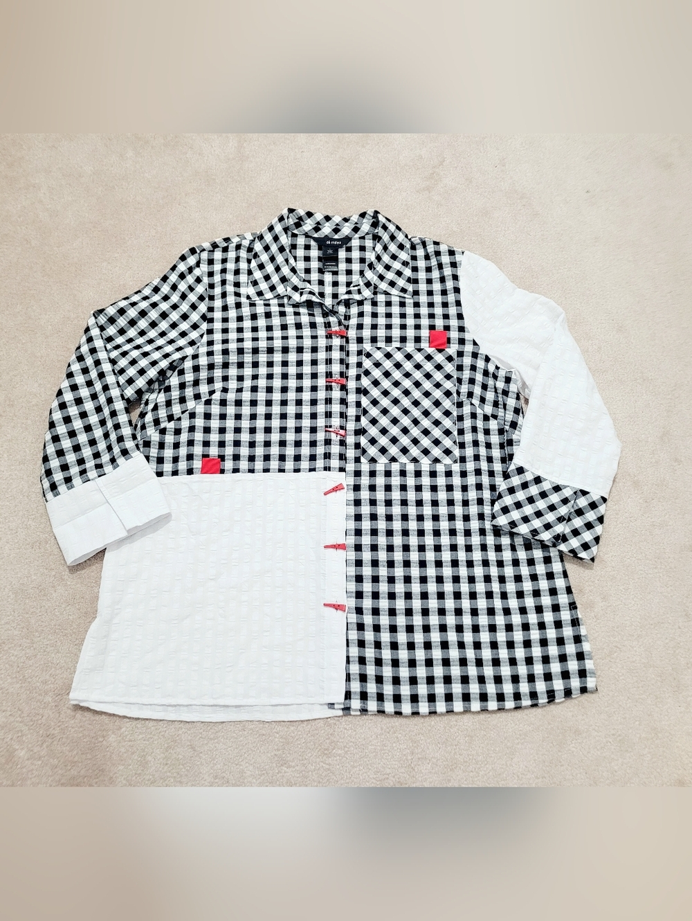 Ali Miles Large Black White Gingham Patchwork Tunic Shirt Artsy Button Top Fun - Picture 14 of 15